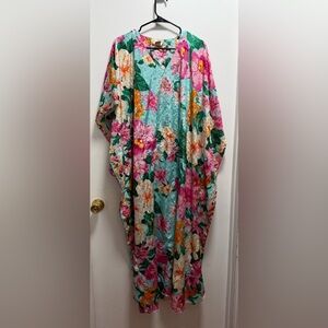 A’Milano Intimates Floral Satin Kimono Robe Aqua Pink & Green One Size